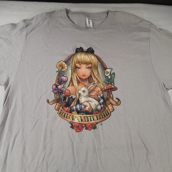 Follow the White Rabbit Tultex Graphic Crew Neck T Shirt Mens Size large L Gray - Picture 1 of 9